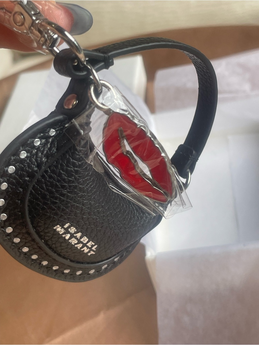 Isabel Marant NWOT Nano Oskan Moon Bag Charm Black Leather Studded Keychain - Picture 3 of 9